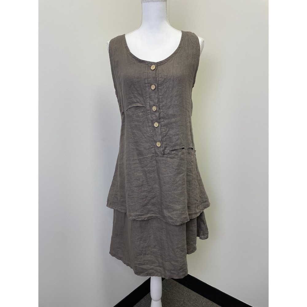 NEW Puro Lino Italy 100% Linen Layered Tiered Midi Dress M Taupe Brown Lagenlook